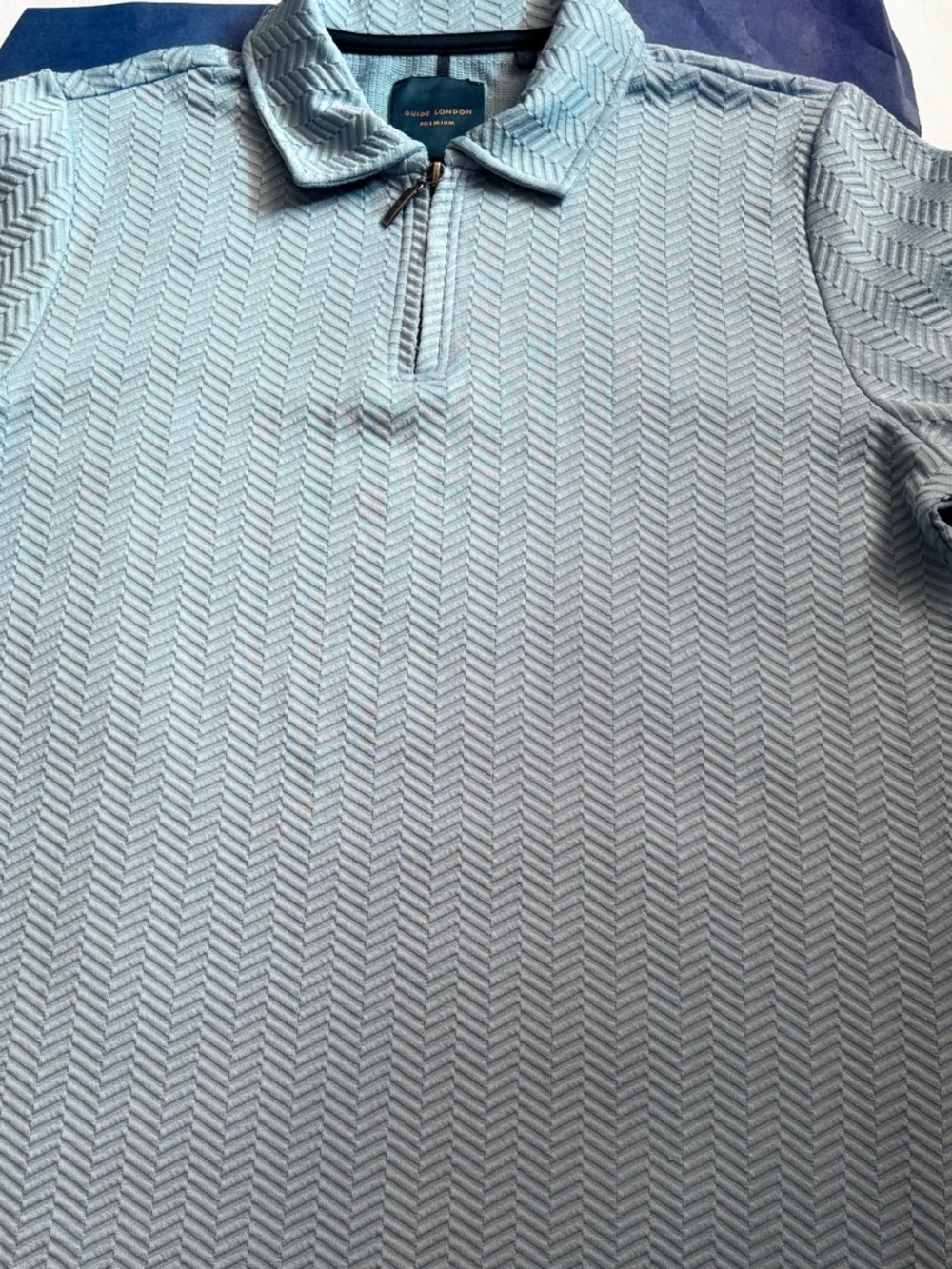 Guide London Premium Sky Blue Chevron Quarter Zip Polo - Size S